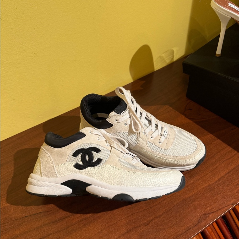 CHANEL Mesh Suede Grained Calfskin Interlocking CC Sneakers- Size US 7